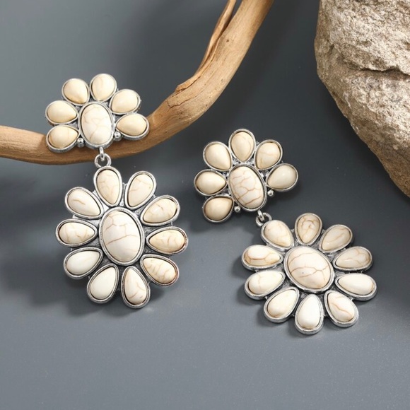 White Flower Drop Earrings - Picture 2 of 5